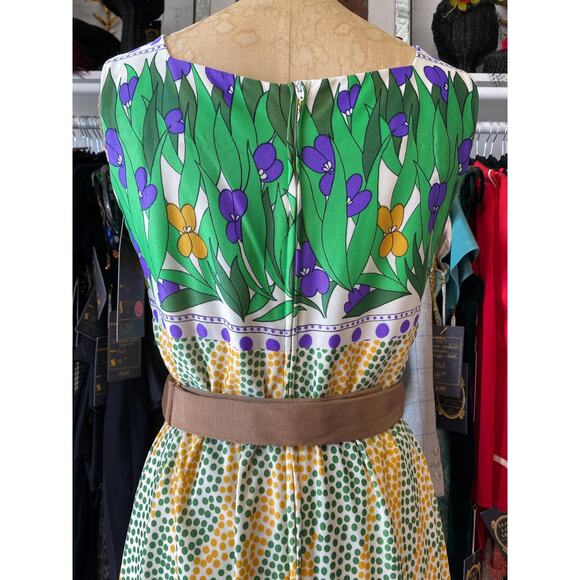 vintage 1970s maxi dress green and yellow mod floral border print polka dot - Picture 4 of 10